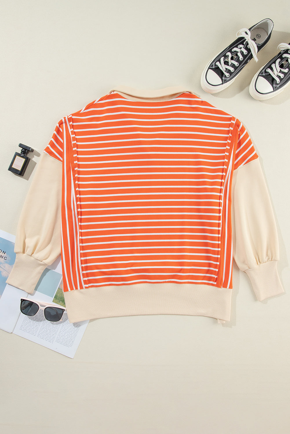 Striped Johnny Collar Long Sleeve Sweatshirt