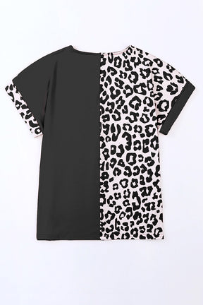 Black Leopard Print Color Block Rolled Up Sleeve Casual T Shirt-True and Wild