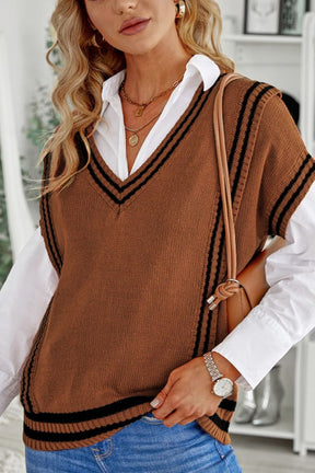 Striped Trim V-Neck Sweater Vest