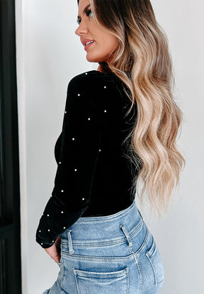 Pearl Detail Velvet V-Neck Long Sleeve Bodysuit-True and Wild