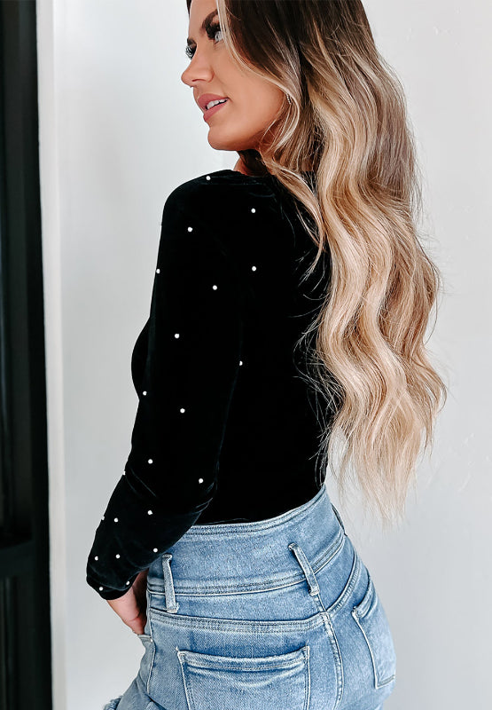 Pearl Detail Velvet V-Neck Long Sleeve Bodysuit-True and Wild