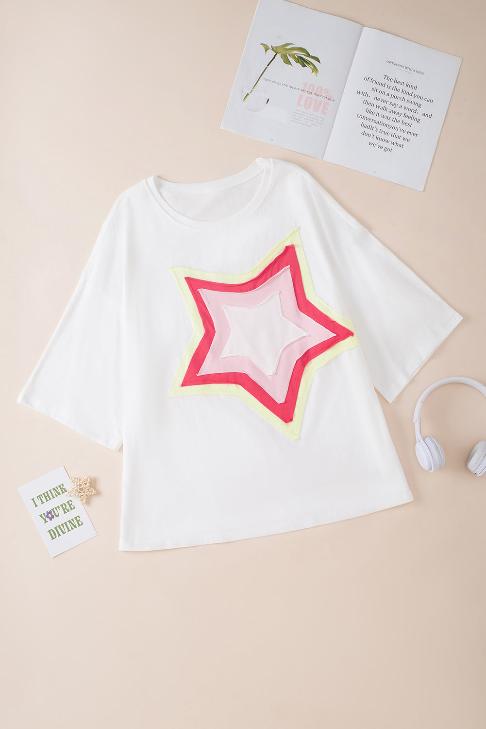 Moonlight Jade Colorblock Star Patched Half Sleeve Oversized Tee-True and Wild