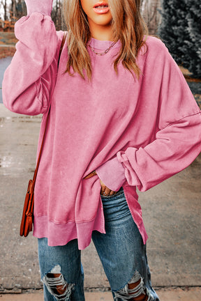 Pink Plain Drop Shoulder Ribbed Trim Oversized Sweatshirt-True and Wild