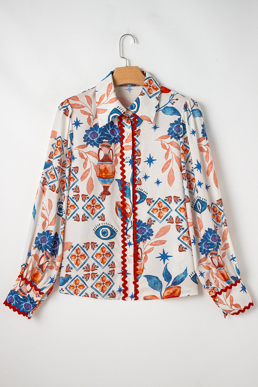 Multicolour Ethnic Floral Print Ricrac Button Down Shirt-True and Wild