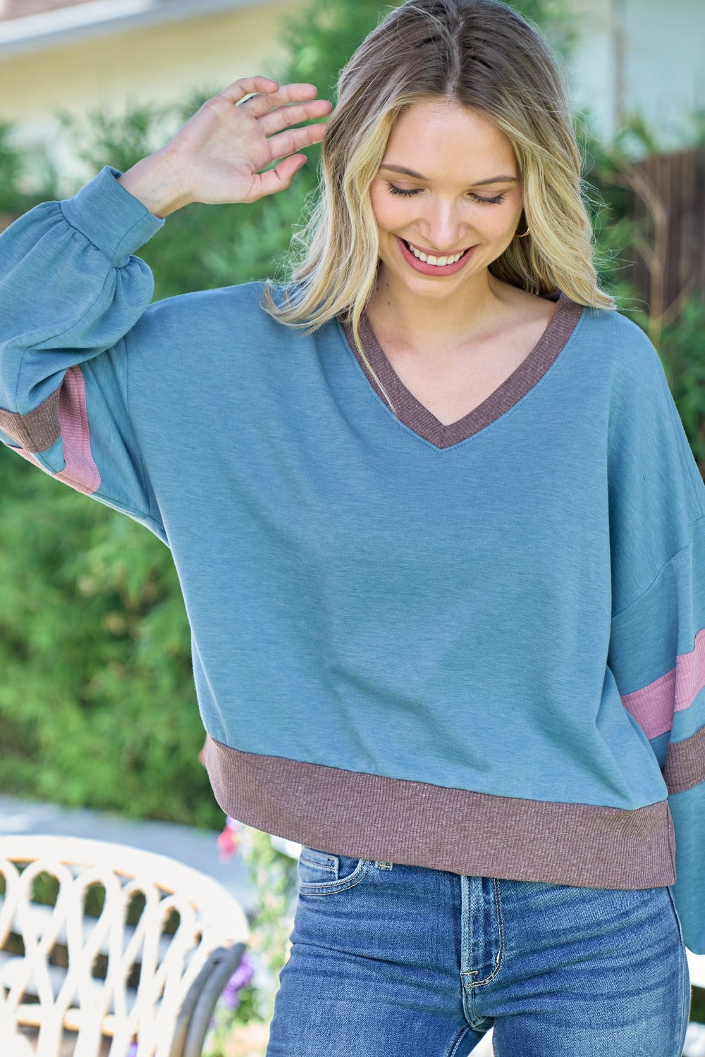 Hailey & Co Color Block V-Neck Cropped sweatshirt-True and Wild