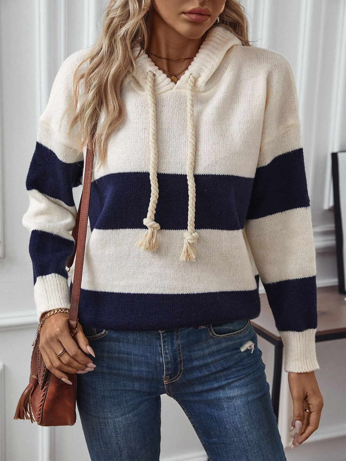 Drawstring Contrast Stripe Dropped Shoulder Hooded Sweater-True and Wild