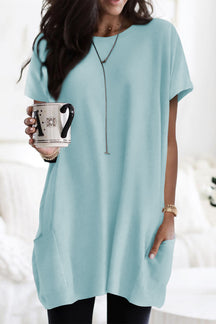 Light Blue Plain Loose Pocket Casual Tunic Long T-Shirt-True and Wild