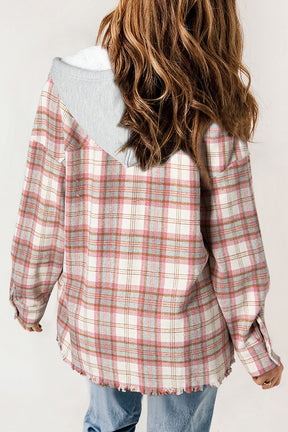 Multicolor Plaid Flap Pocket Hooded Raw Hem Shacket-True and Wild