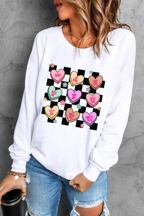 White Checkered Heart Flower Graphic Valentines Crewneck Sweatshirt