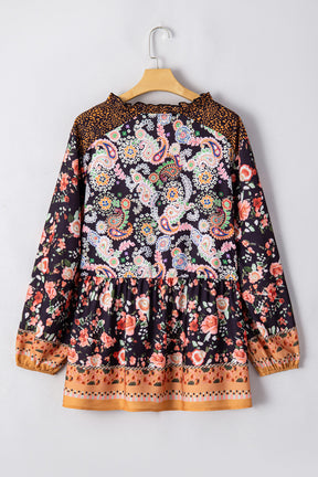 Black Plus Size Paisley Print V Neck Bubble Sleeve Blouse-True and Wild