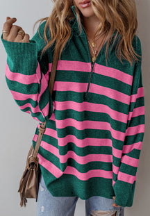 Contrast Striped Quarter Zip Long Sleeve Sweater-True and Wild