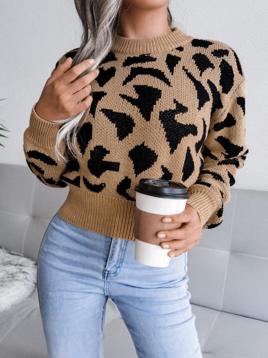 Leopard Round Neck Dropped Shoulder Sweater-True and Wild