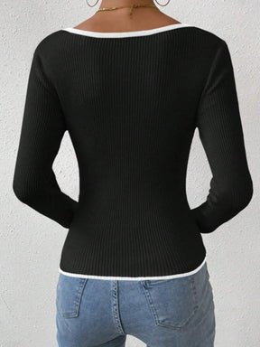 Contrast Trim Long Sleeve Knit Top-True and Wild