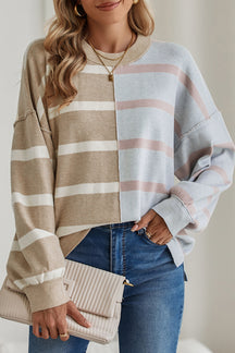 Light Beige Striped Colorblock Drop Shoulder Sweater-True and Wild