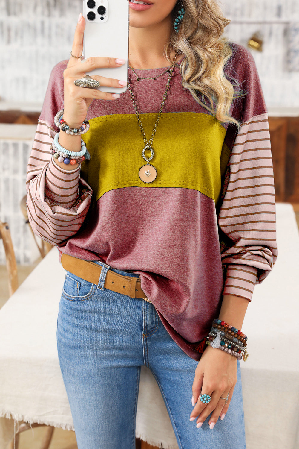 Peach Blossom Colorblock Striped Bishop Sleeve Top-True and Wild