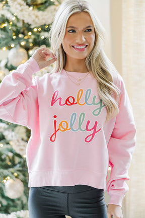 Pink holly jolly Printed Round Neck Sweatshirt-True and Wild