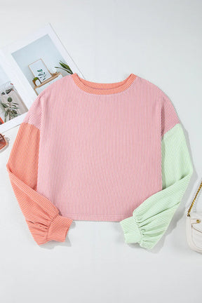 Color Block Round Neck Long Sleeve Top-True and Wild