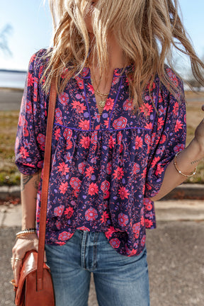 Purple Floral Puff Half Sleeve Split Neck Blouse-True and Wild