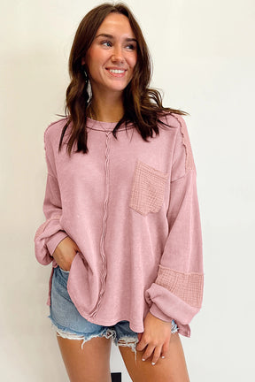 Pink Waffle and Crinkle Patchwork Long Sleeve Top-True and Wild