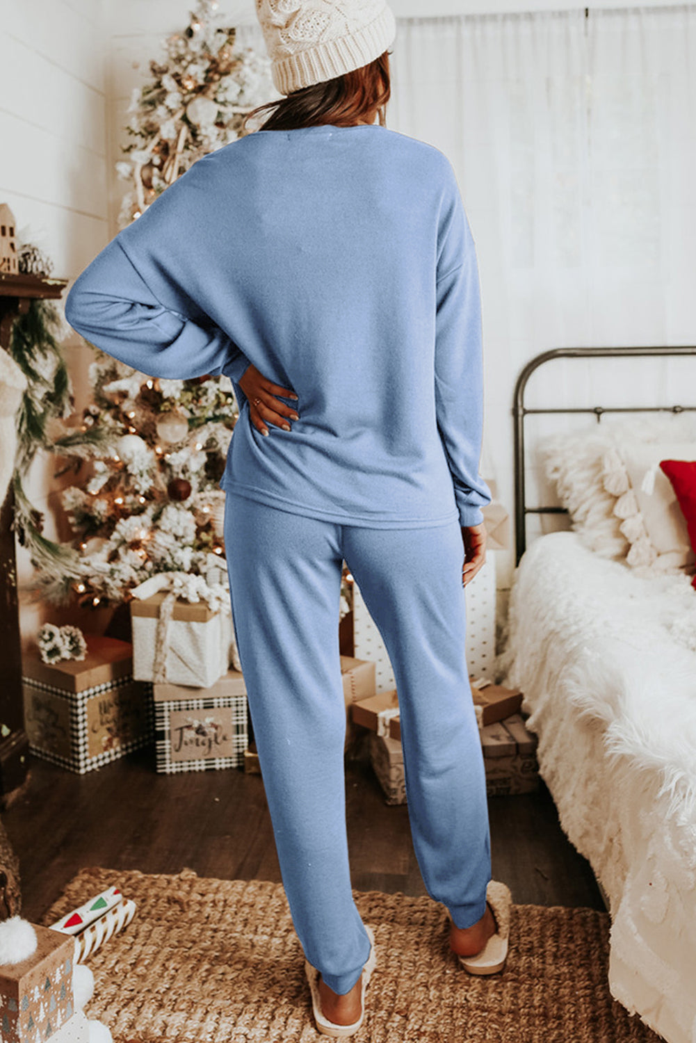 Red Casual Long Sleeve Pullover & Joggers Pajamas Set-True and Wild