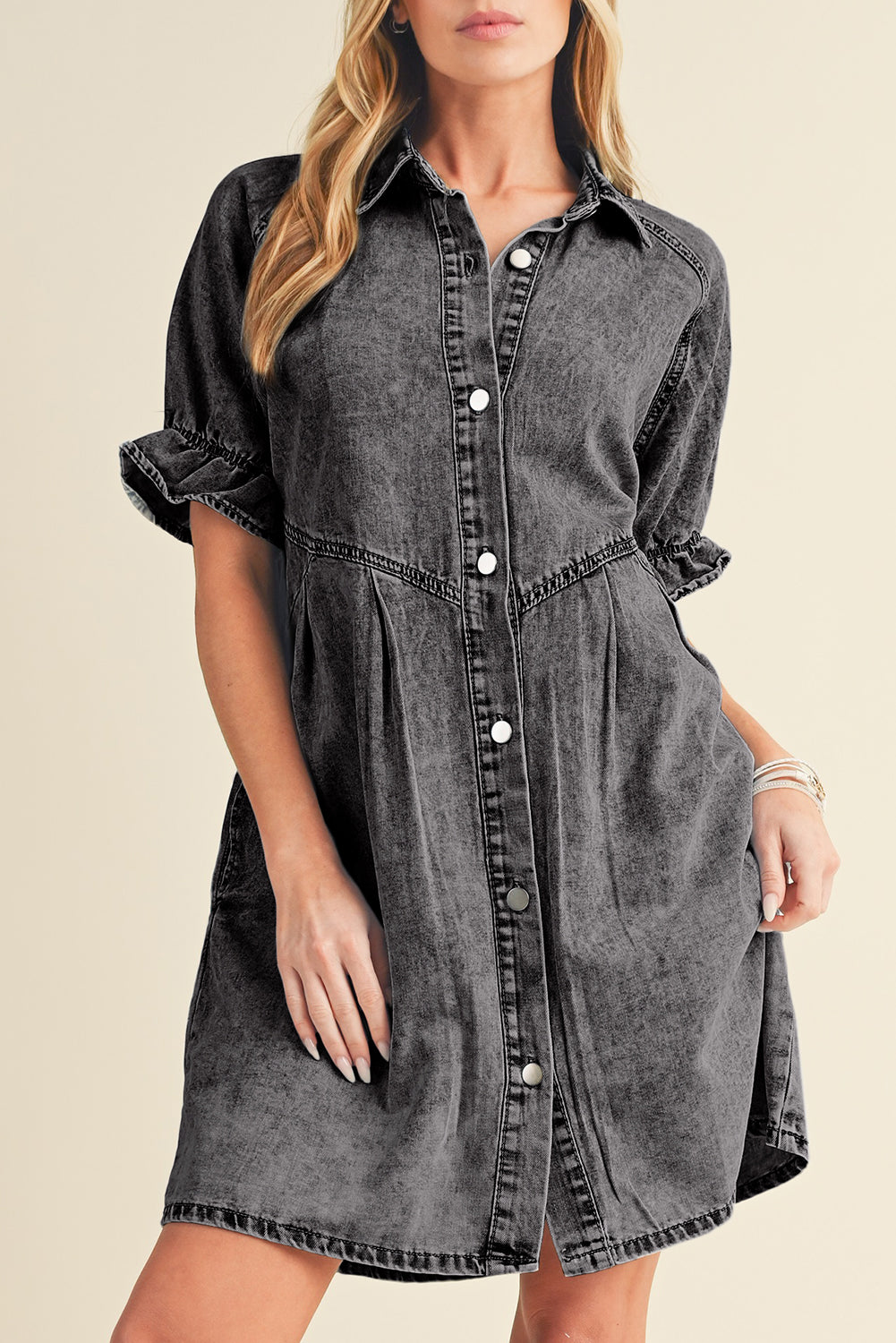 Blue Mineral Washed Ruffled Short Sleeve Pocketed Denim Dress-True and Wild