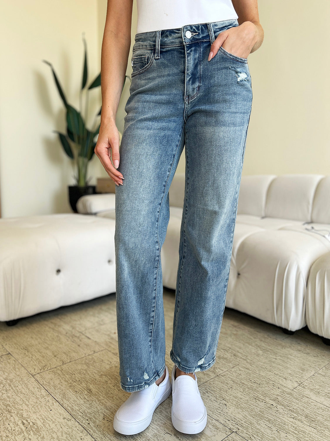 Judy Blue Full Size Mid Rise Distressed Straight Jeans-True and Wild