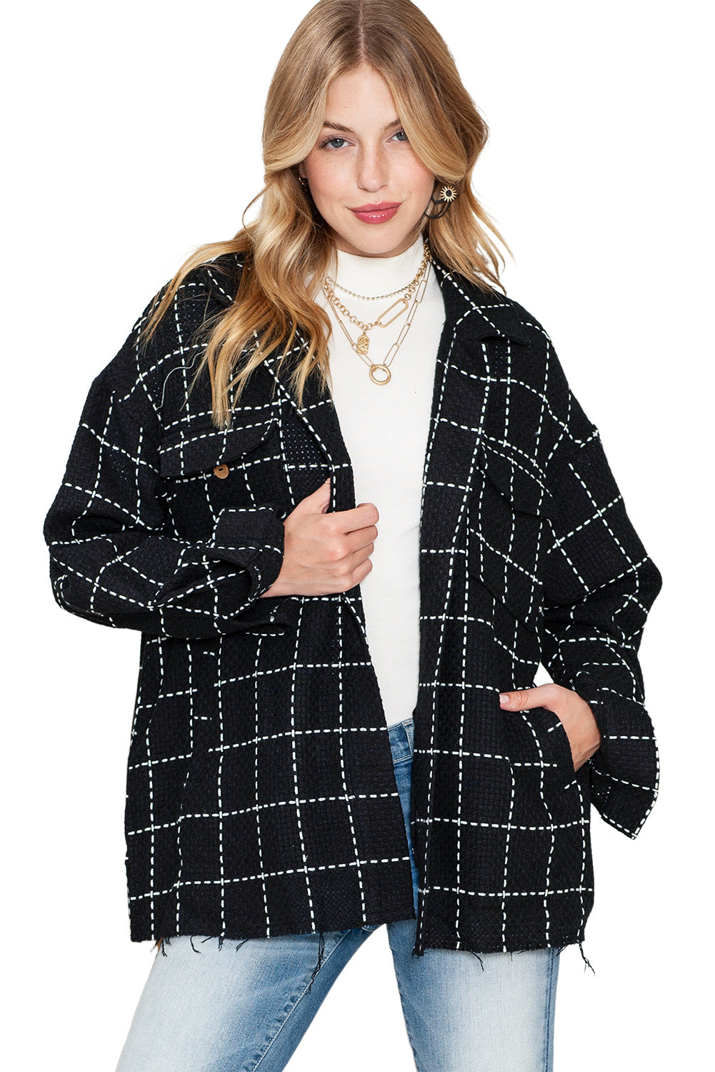 Black Plaid Button Up Shirt Shacket with Flap Pockets-True and Wild