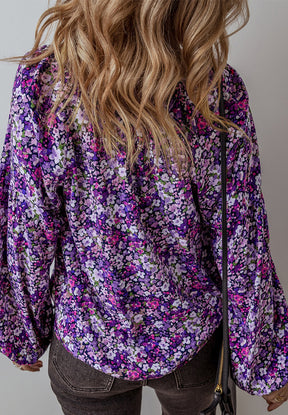 Floral Tie Neck Balloon Sleeve Blouse-True and Wild