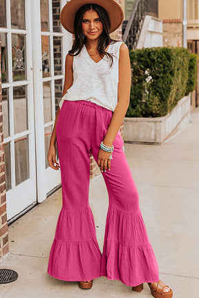 Black Plain Cotton Tiered Ruffle Flare High Waisted Pants-True and Wild