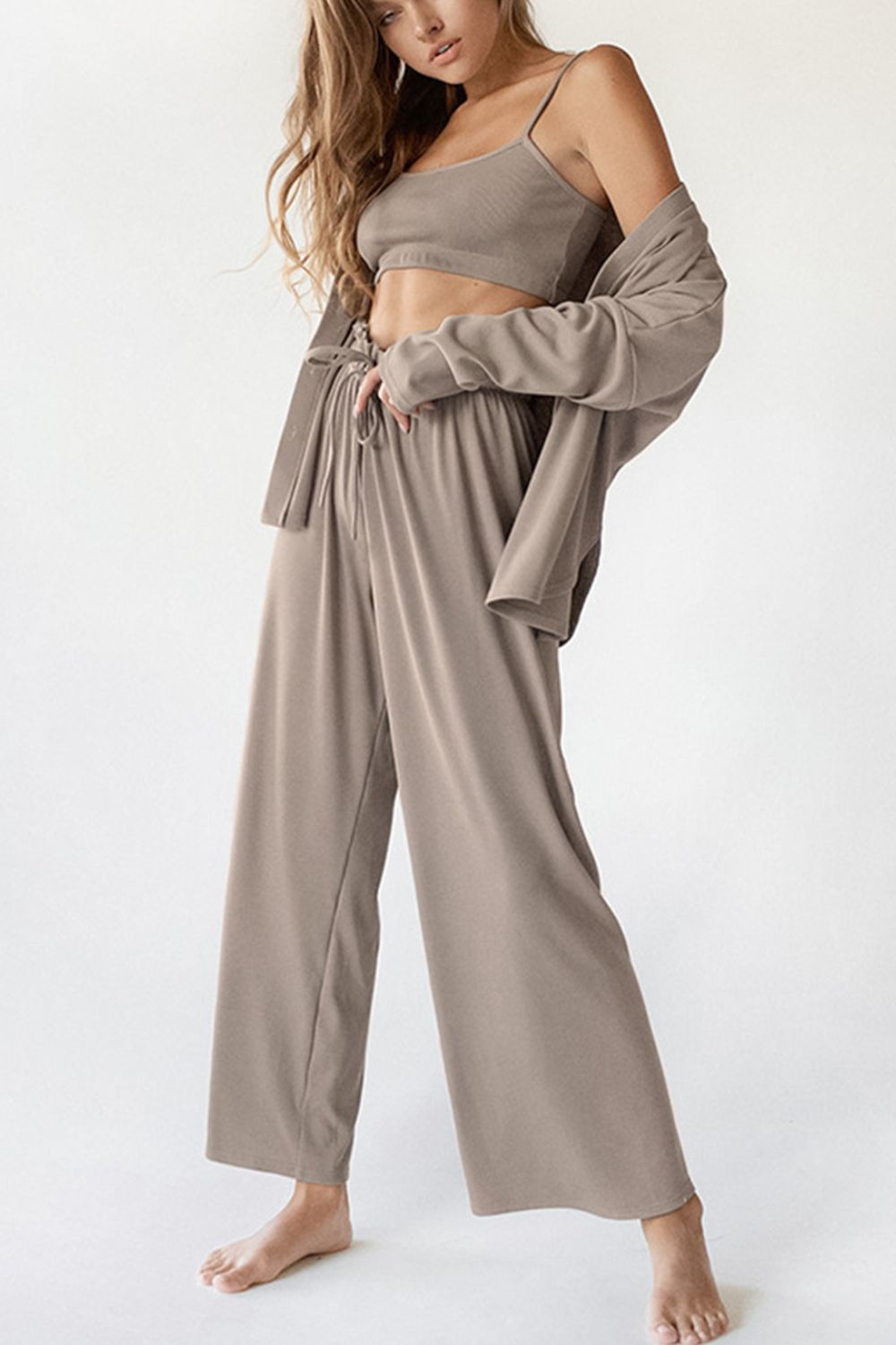 Spaghetti Strap Bra, Open Front Cardigan And Drawstring Pants Set