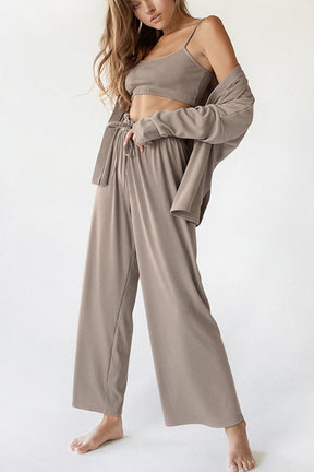 Spaghetti Strap Bra, Open Front Cardigan And Drawstring Pants Set