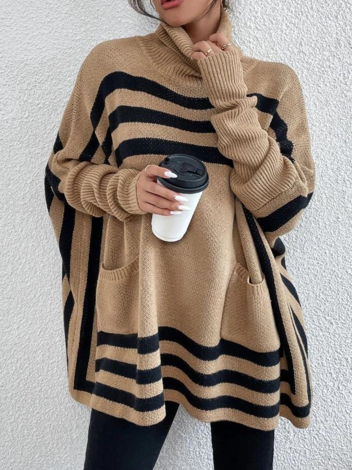 Striped Turtleneck Batwing Sleeve Sweater with Pockets