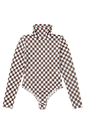 Brown Checkered Print Long Sleeve Mock Neck Bodysuit-True and Wild