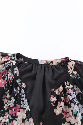 Black Floral Boho Chiffon Peasant Sleeve Blouse-True and Wild