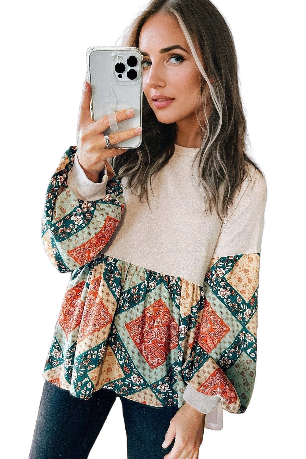 Jet Stream Paisley Geometric Patchwork Loose Fit Blouse-True and Wild