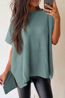 Haze Blue Side Slit Short Sleeve Oversized Sweater-True and Wild