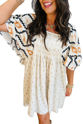 Beige Geometric Print Pleated Square Neck Loose Mini Dress-True and Wild