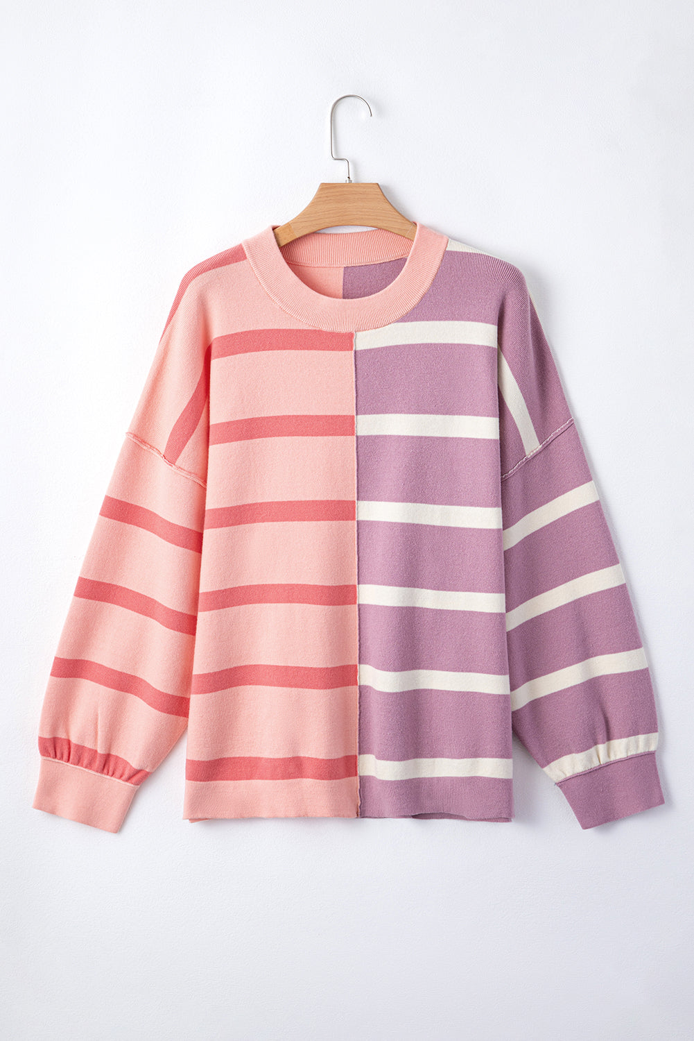 Light Beige Striped Colorblock Drop Shoulder Sweater-True and Wild