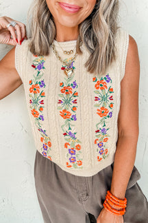 Jet Stream Embroidered Floral Cable Knit Vest Top-True and Wild