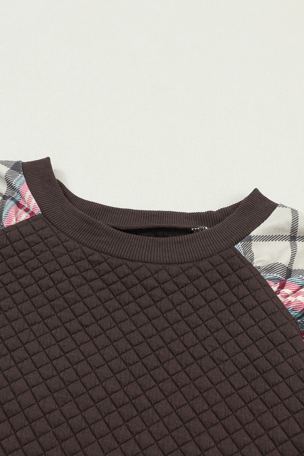 Brown Plaid Print Waffle Quilted Raglan Sleeve Sweatshirt-True and Wild