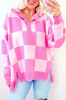 Slit Checkered Half Button Long Sleeve Sweater