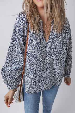 Blue Floral Print Notched V Neck Puff Sleeve Blouse-True and Wild