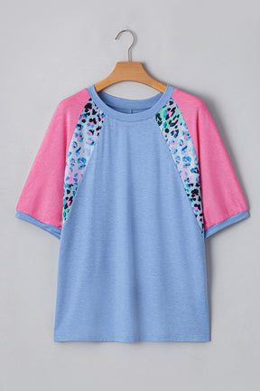 Sky Blue Leopard Print Colorblock Plus Size T Shirt