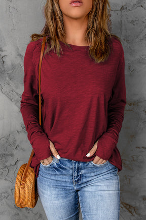 Green Plain Solid Casual Thumbhole Long Sleeve Top-True and Wild