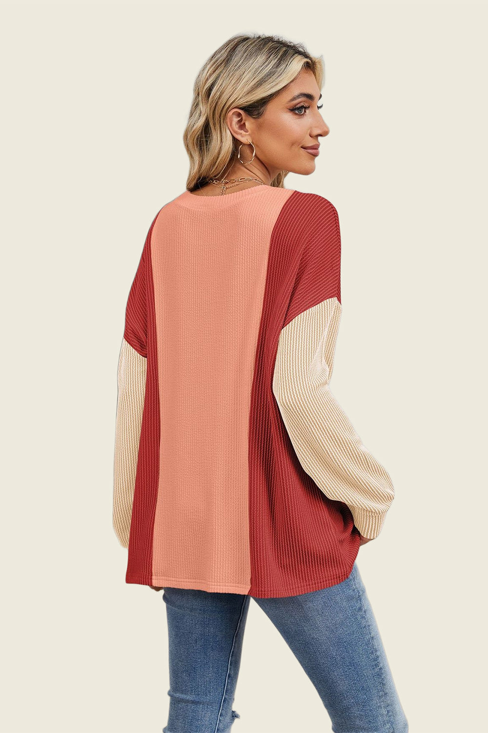 Double Take Texture Contrast Round Neck Long Sleeve T-Shirt-True and Wild