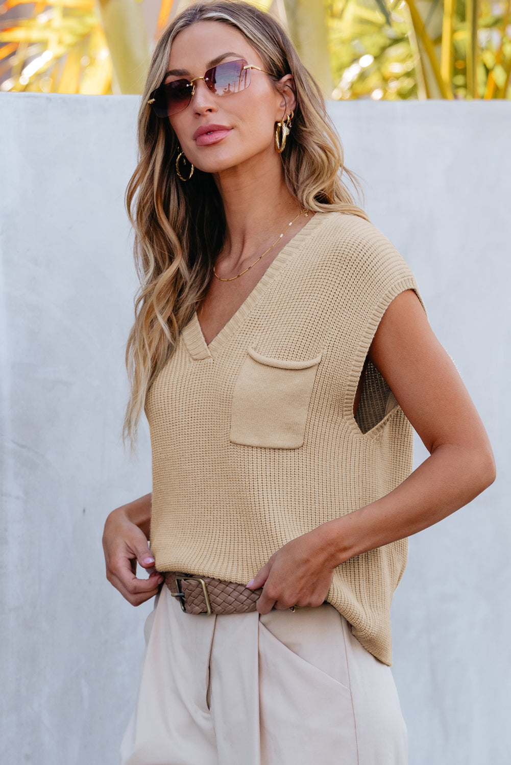 Pocketed V-Neck Cap Sleeve Sweater-True and Wild