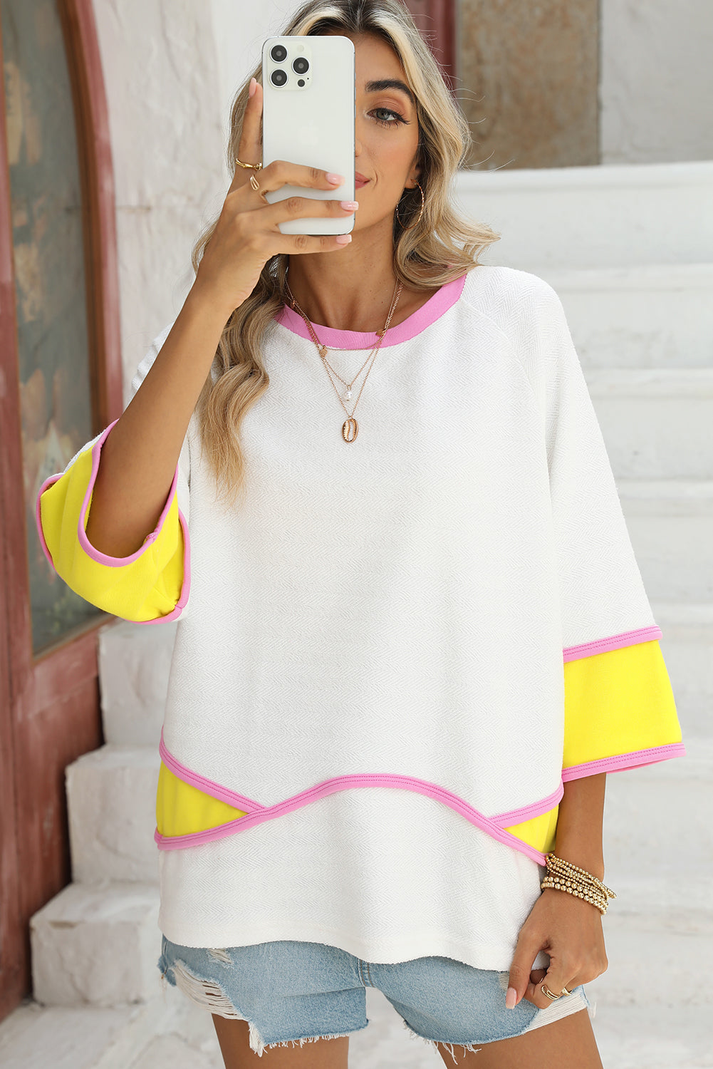 White Colorblock 3/4 Sleeve Relaxed Top