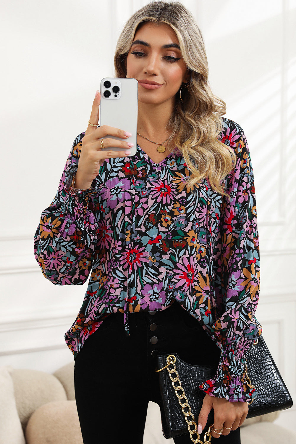 Multicolor Floral Boho Tie V Neck Peasant Blouse-True and Wild