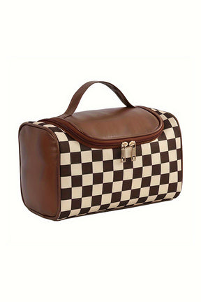 Black Checker Print Leather Zipper Makeup Bag-True and Wild