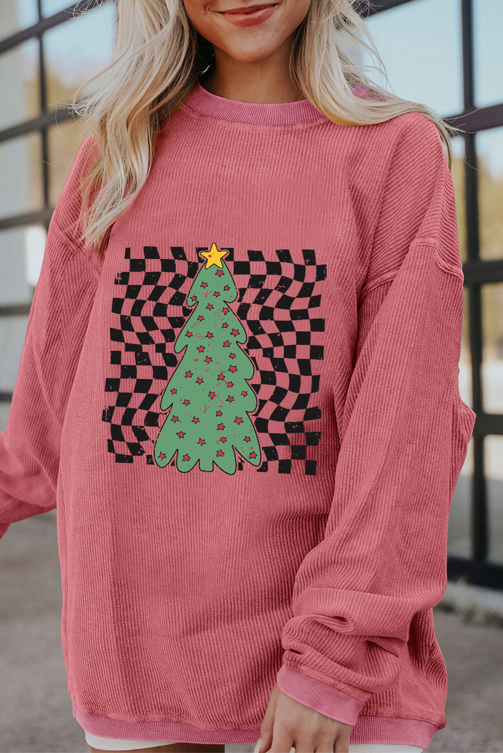 Strawberry Pink Christmas Tree Checkered Print Graphic Corded Sweatshirt